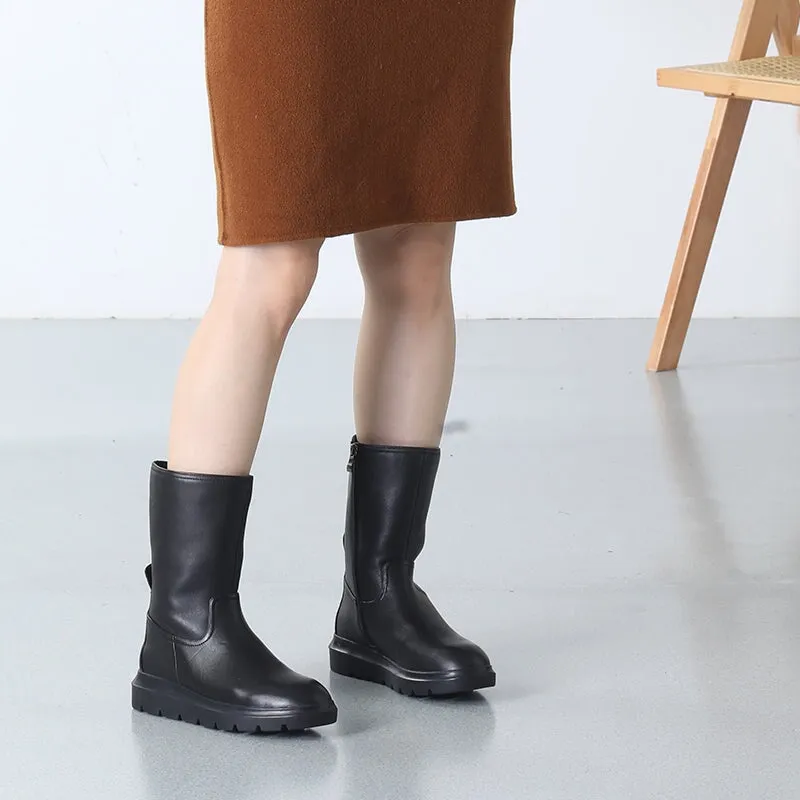 Retro Leather Mid Calf Boots for Cold Winter Classic Boots Black Handmade Short Plush Lining