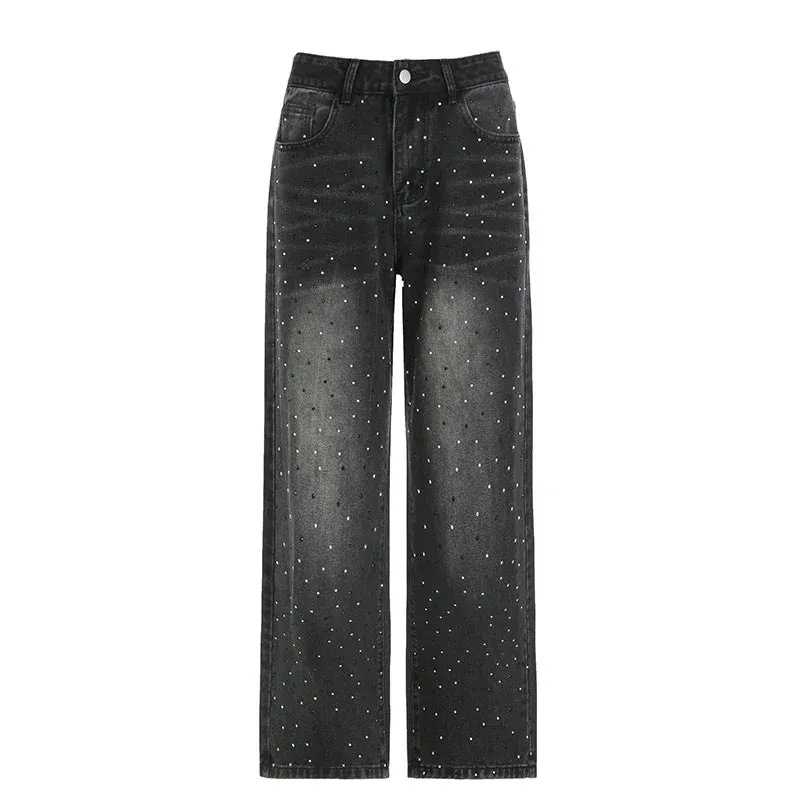 Rhinestone Straight Wide Leg Denim Trousers