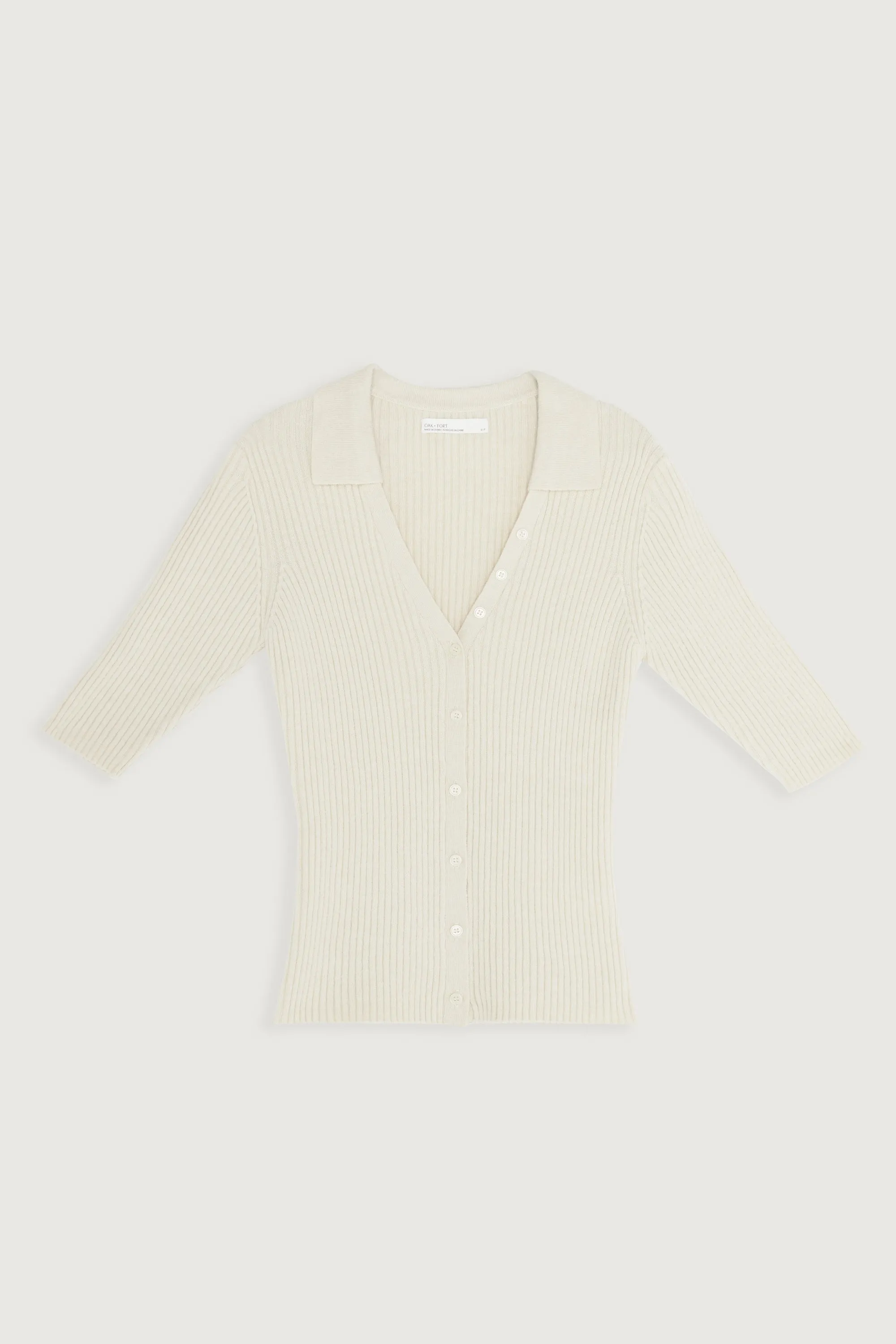 RIB-KNIT COLLARED BUTTON UP