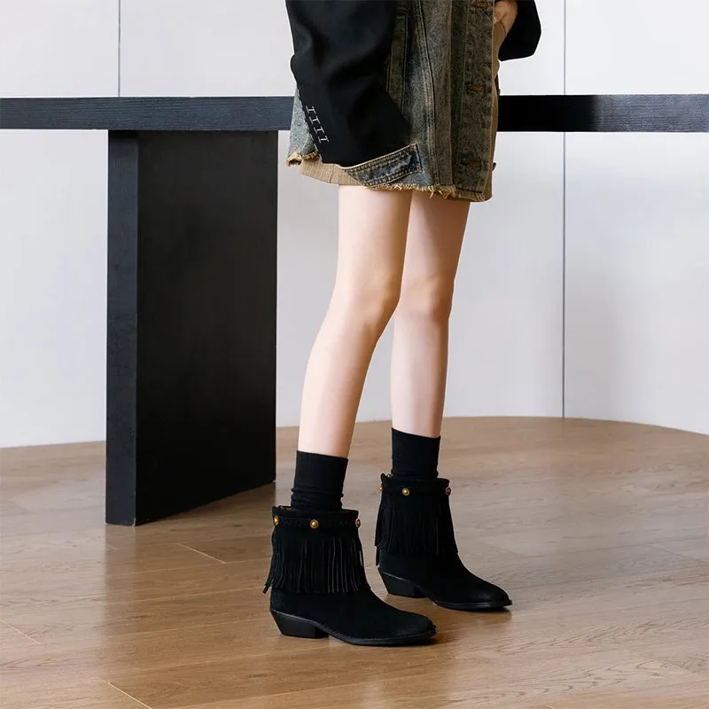 Round Toe Nubuck Leather Short boots For Women Western Boots With Tassel Details In Black/Khaki