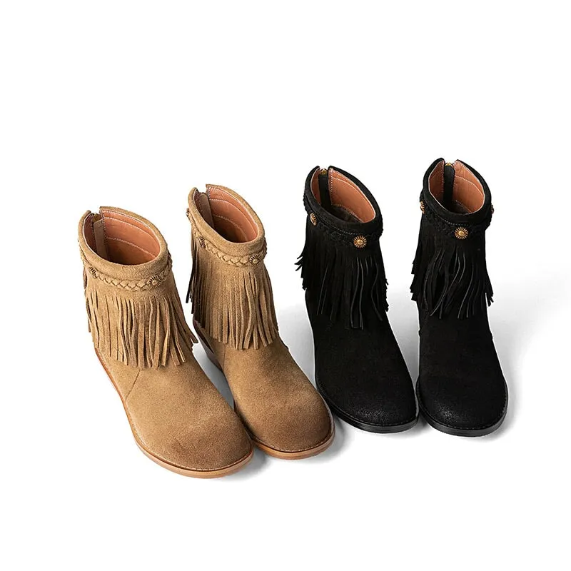 Round Toe Nubuck Leather Short boots For Women Western Boots With Tassel Details In Black/Khaki