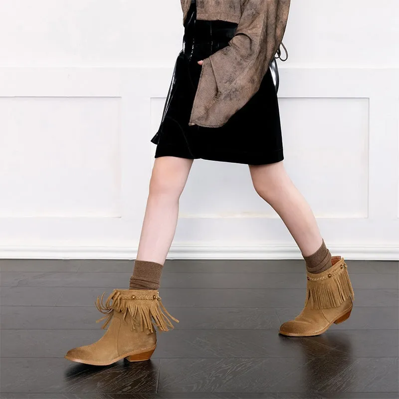 Round Toe Nubuck Leather Short boots For Women Western Boots With Tassel Details In Black/Khaki