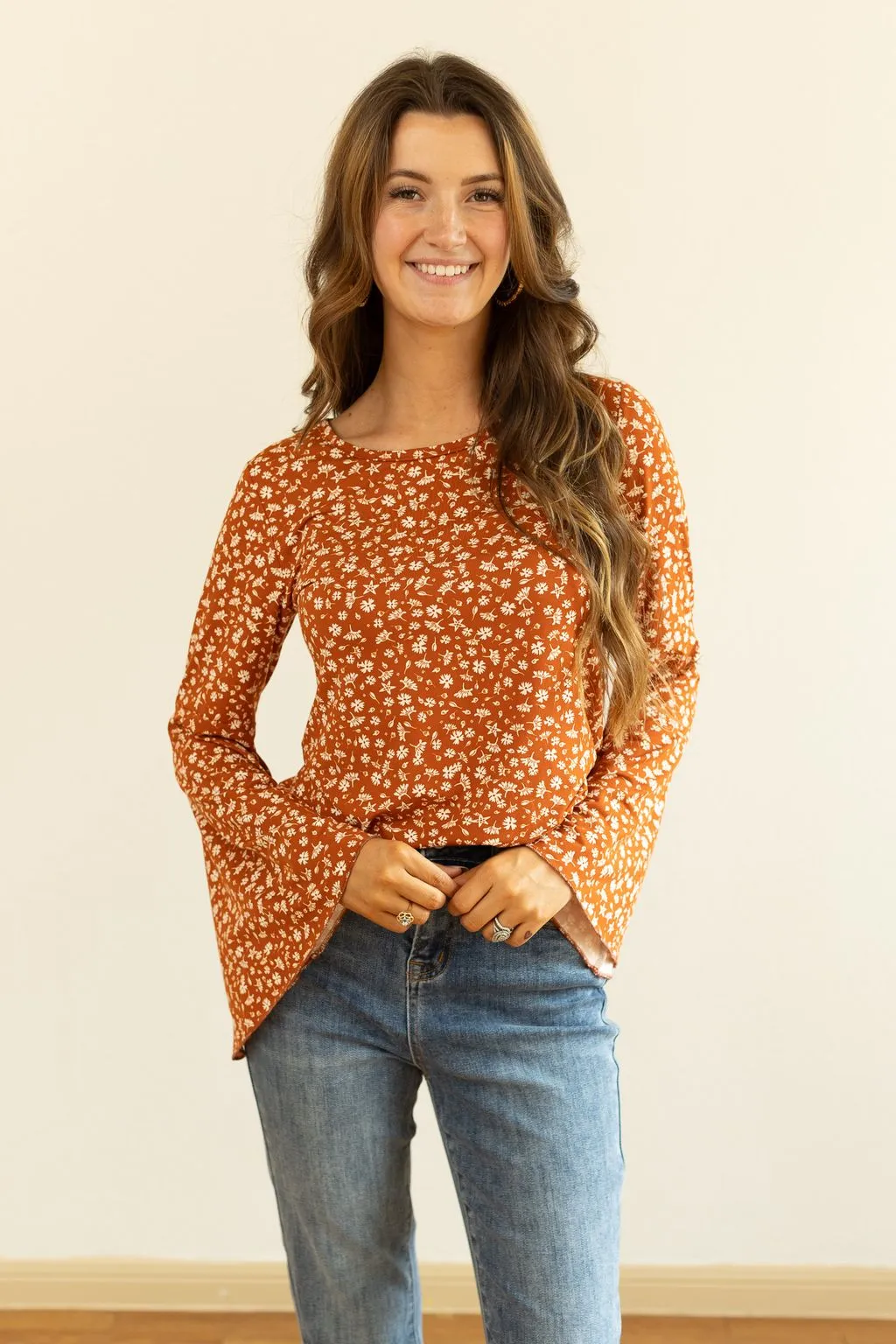 Rust Floral Long-Sleeve Tee With Bell Sleeves