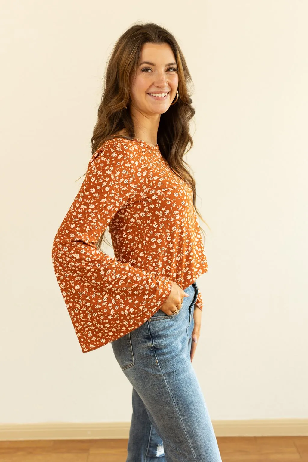 Rust Floral Long-Sleeve Tee With Bell Sleeves