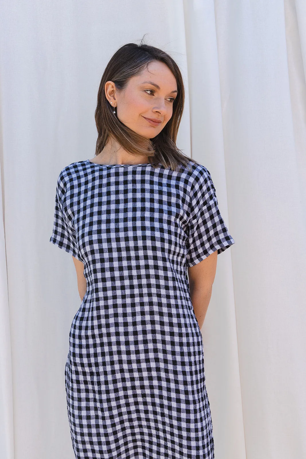 Scoop Back Dress in Black & White Gingham Linen