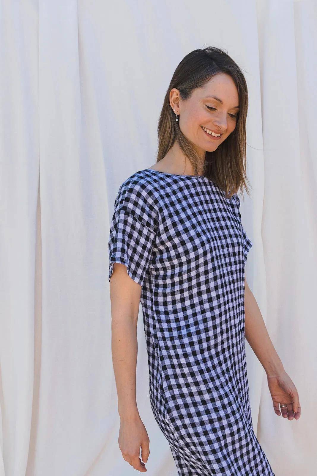 Scoop Back Dress in Black & White Gingham Linen