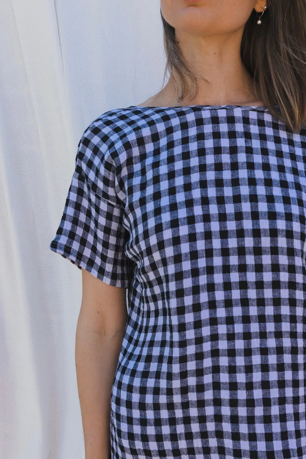 Scoop Back Dress in Black & White Gingham Linen