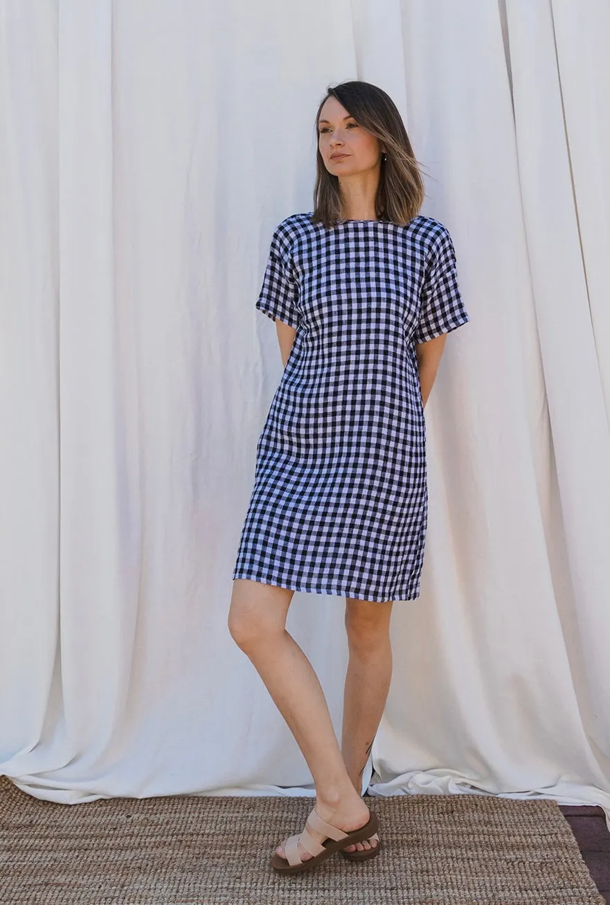 Scoop Back Dress in Black & White Gingham Linen