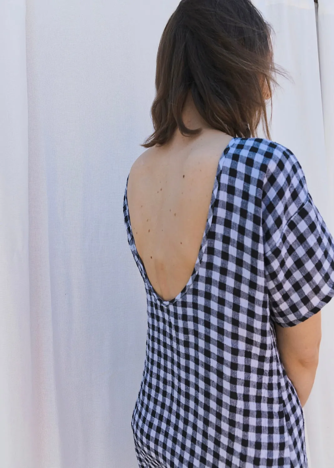 Scoop Back Dress in Black & White Gingham Linen