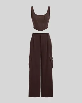 Set of Two: Corset Top With Multi-Pocket Trouser In Brown