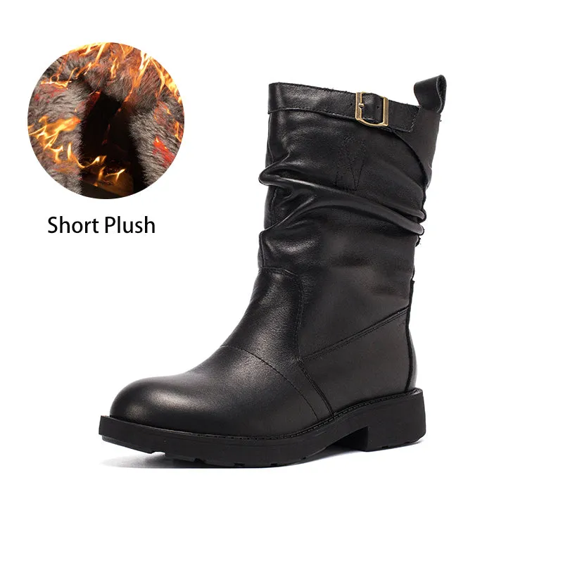 SoftLeather Mid Calf Boots Fold Design Riding Boots Short Plush Lined For Winter