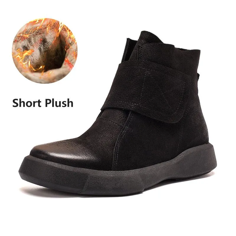 WaxingLeather Martin Boots Velcro Ankle Boots Leather and  Short Plush For Choice Black/Coffee