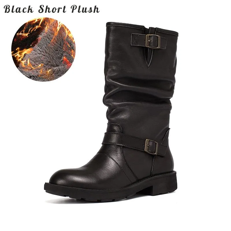 WaxingLeather Mid Calf Boots Fold Design Riding Boots Short Plush Lined Or Leather For Choice Apricot/Brown/Black