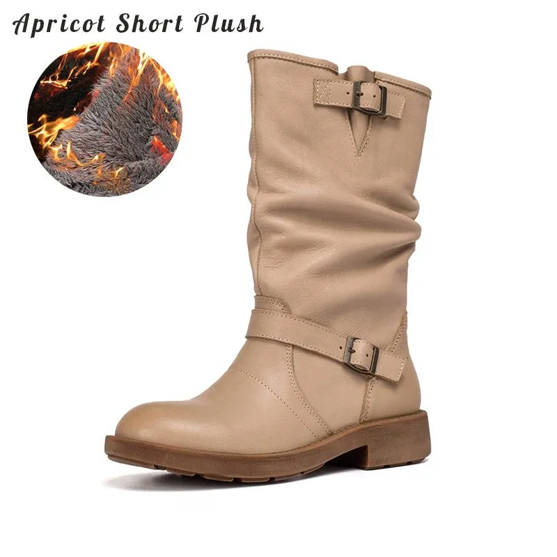 WaxingLeather Mid Calf Boots Fold Design Riding Boots Short Plush Lined Or Leather For Choice Apricot/Brown/Black