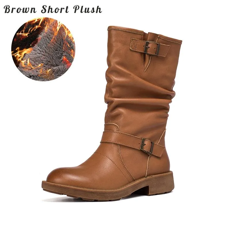 WaxingLeather Mid Calf Boots Fold Design Riding Boots Short Plush Lined Or Leather For Choice Apricot/Brown/Black