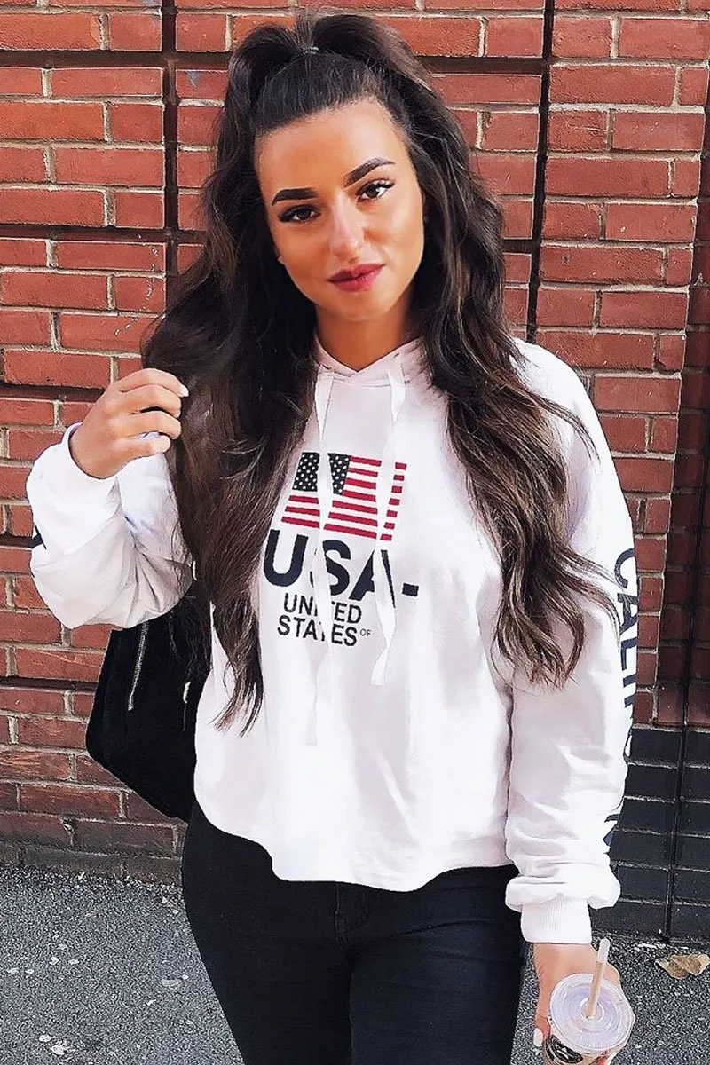 White U.S.A Graphic Printed Hoodie - Jamyla