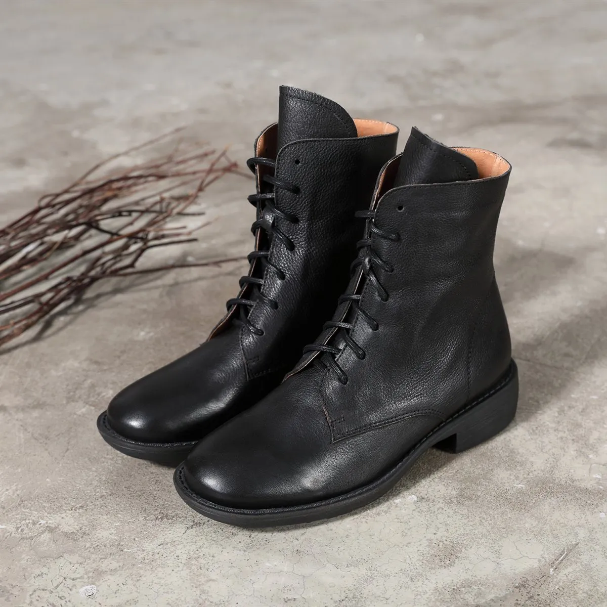 Winter Boots Handmade Genuine Leather Lace-Up Combat Boots Retro Martin Boots Chunky Ankle Boots Black/Coffee