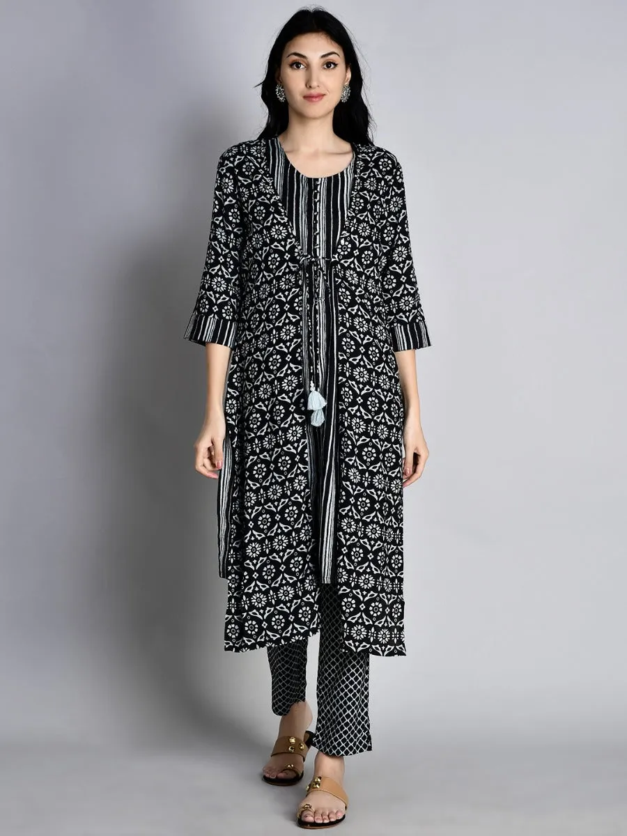 Women Black Stripe Printed Kurta Trouser Jacket