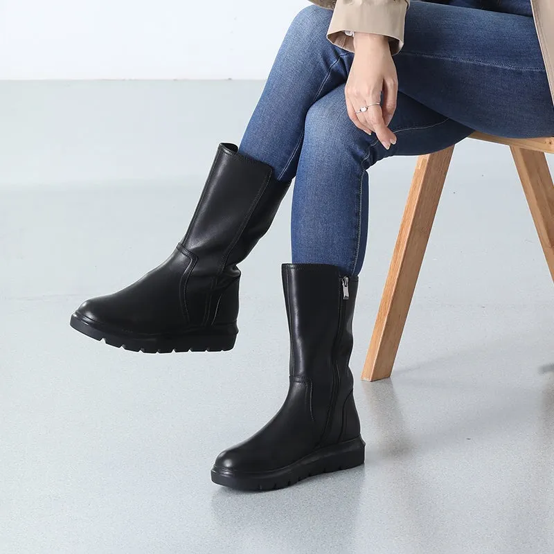 Women Retro Leather Mid Calf Boots for Winter Side Zipper Boots In Black Short Plush