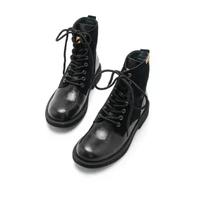 Women's Leather Martin Boots Lace Up Short Boots Handmade in Black/Black Short Plush